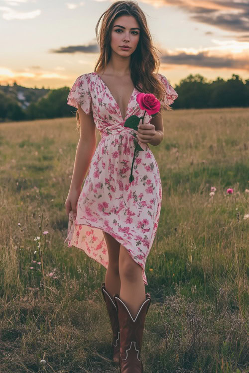 A woman in a pink floral maxi dress and brown cowboy boots, holding a rose in her hand (2)