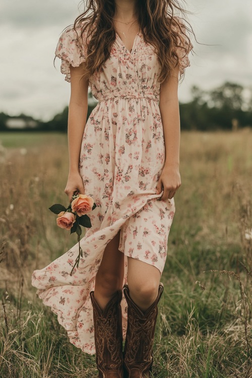 A woman in a pink floral maxi dress and brown cowboy boots, holding a rose in her hand