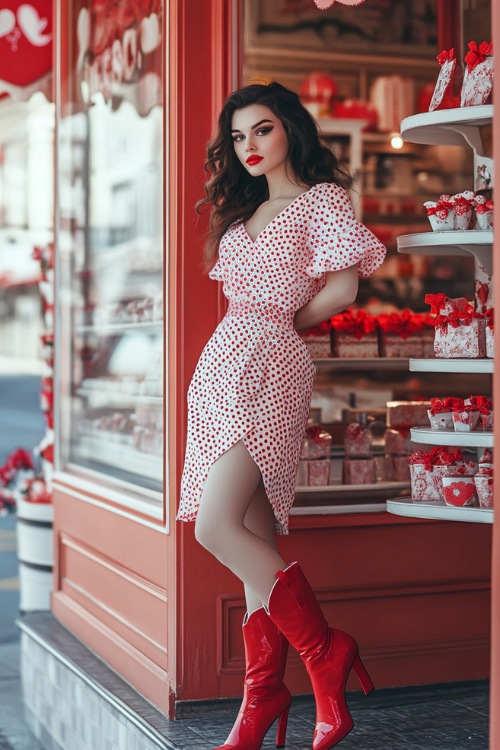 A woman in a red and white polka dot wrap dress styled with red cowboy boots