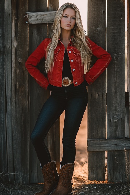 A woman in a red denim jacket, black skinny jeans, and brown cowboy boots, posing against a wooden fence at a country concert venue