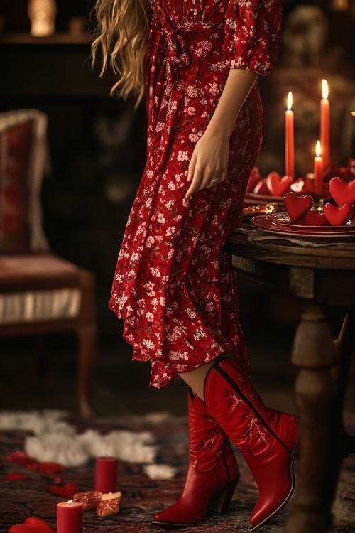 A woman in a red floral maxi dress styled with a cinched waist and red cowboy boots