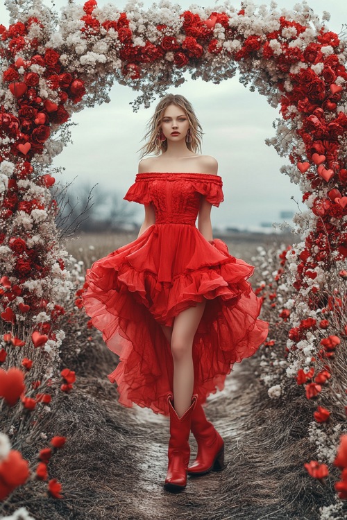 A woman in a red off-the-shoulder dress with a flared skirt and red cowboy boots