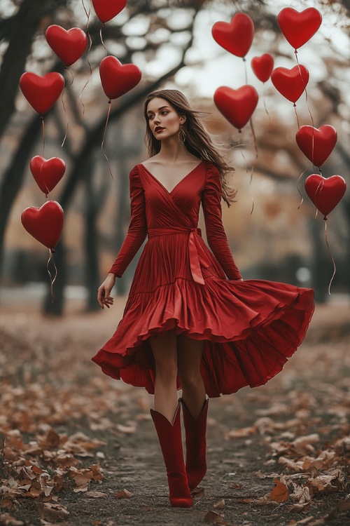 A woman in a red wrap dress with a flared skirt and red cowboy boots