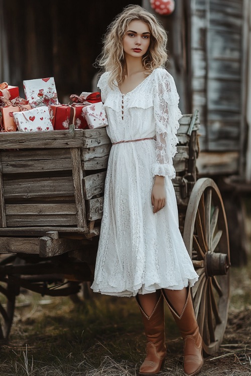 A woman in a romantic white eyelet dress paired with brown cowboy boots