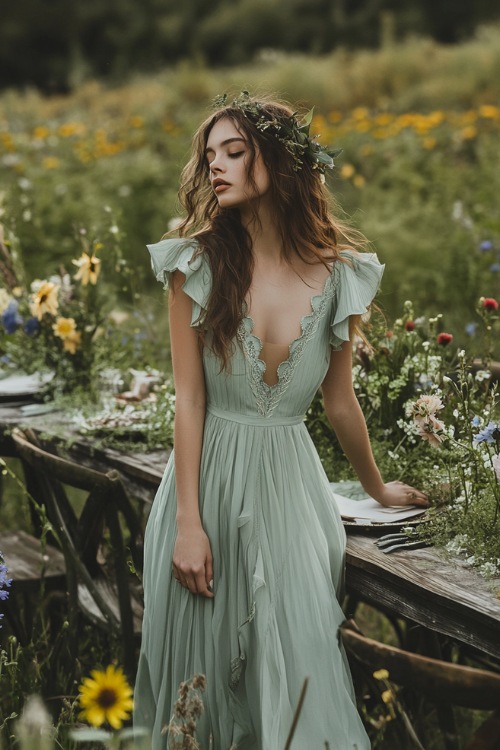 A woman in a sage green midi dress with a scalloped neckline, flutter sleeves, and a ruffled hemline