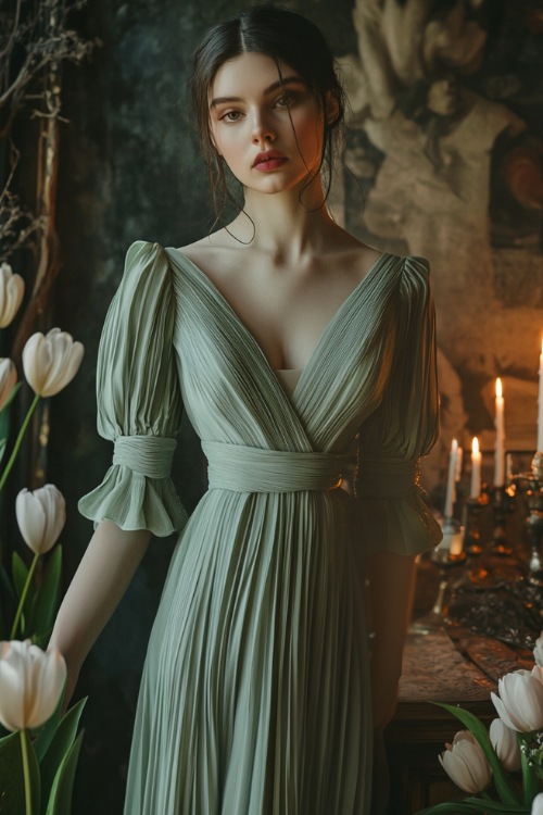 A woman in a sage green midi wrap dress with a pleated skirt, flutter sleeves, and a ruched waist