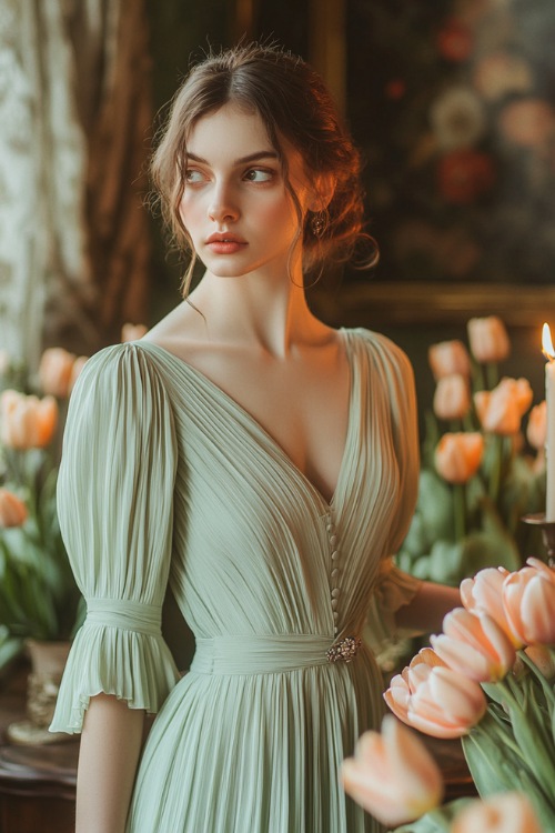 A woman in a sage green midi wrap dress with a pleated skirt, flutter sleeves, and a ruched waist,