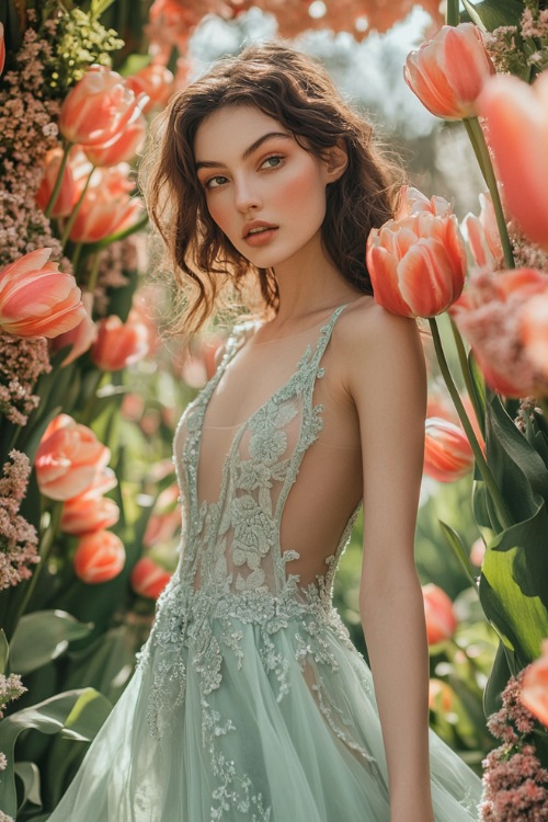 A woman in a sage green sleeveless short dress with lace embroidery, a tulip hemline, and a cinched waist (2)