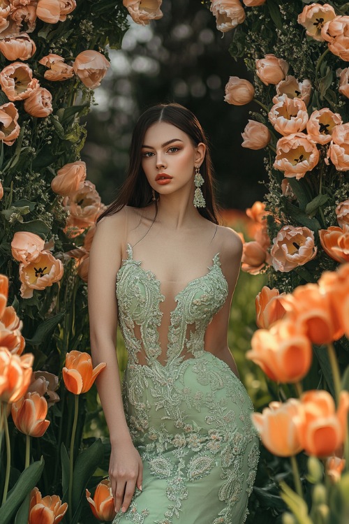 A woman in a sage green sleeveless short dress with lace embroidery, a tulip hemline, and a cinched waist