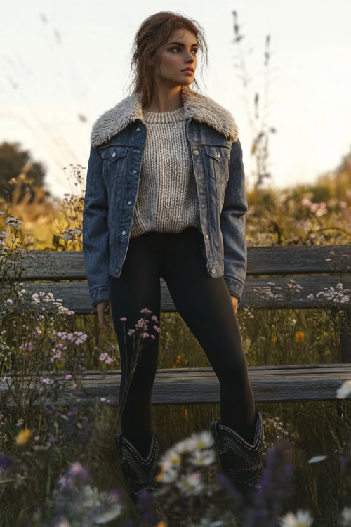 A woman in a shearling-lined denim jacket over a cable-knit sweater, paired with black leggings and knee-high cowboy boots