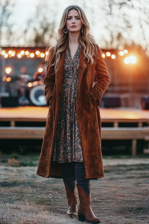 A woman in a shearling-lined suede coat over a long printed dress, styled with tights and ankle cowboy boots