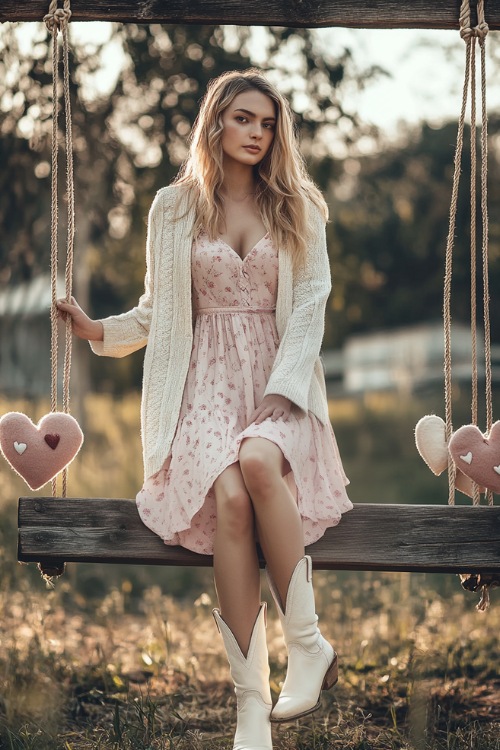 A woman in a soft cream cardigan layered over a floral pink midi dress, styled with white cowboy boots (2)