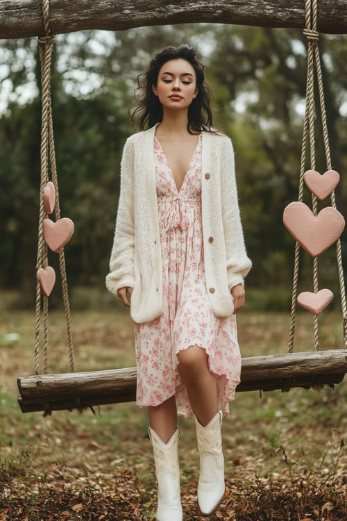 A woman in a soft cream cardigan layered over a floral pink midi dress, styled with white cowboy boots