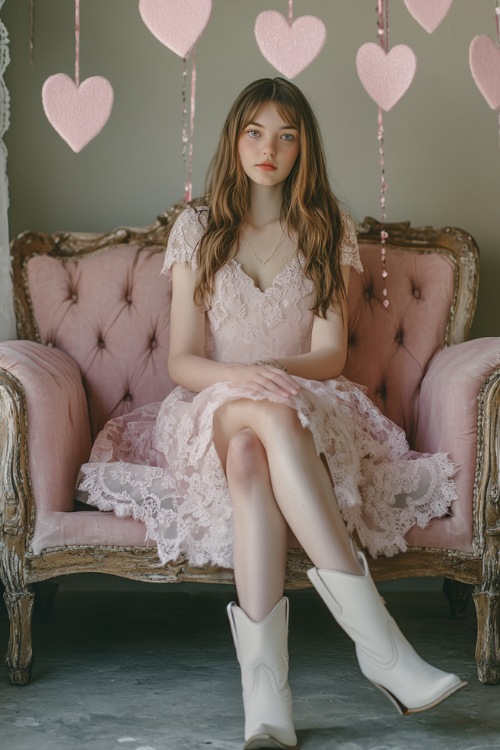 A woman in a soft pink lace dress paired with white cowboy boots, sitting on a vintage sofa with Valentine’s heart garlands