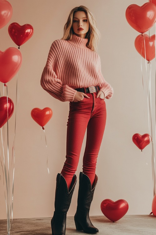 A woman in a soft pink sweater paired with red skinny jeans and black cowboy boots