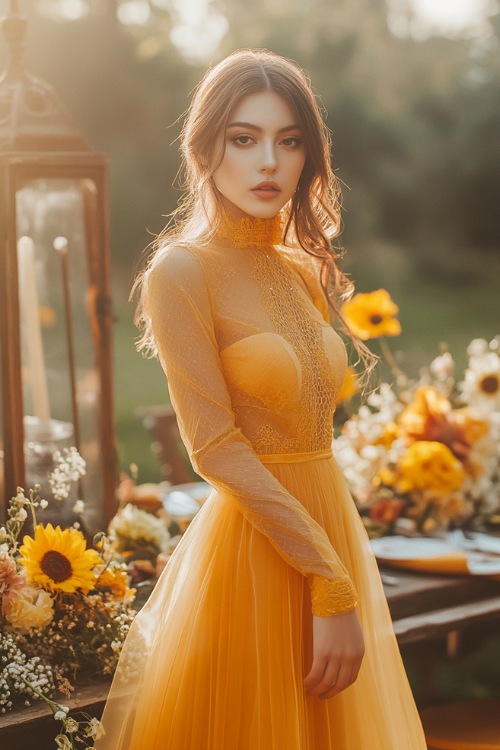 A woman in a sunflower yellow cocktail dress with a high neckline, long sheer sleeves, and a flared skirt (2)