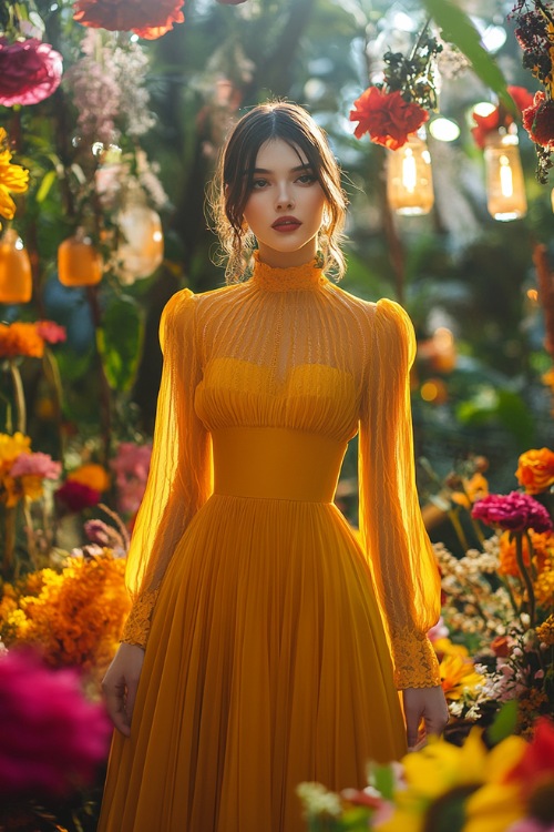 A woman in a sunflower yellow cocktail dress with a high neckline, long sheer sleeves, and a flared skirt