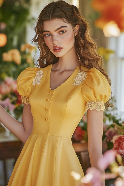 A woman in a sunflower yellow knee-length A-line dress with short puff sleeves, a gathered bodice, and subtle lace accents