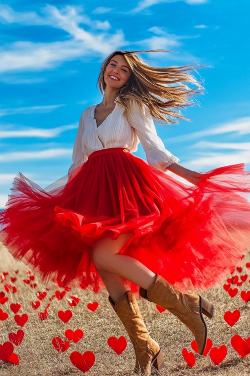 A woman in a vibrant red tulle skirt and a simple white blouse with tan cowboy boots