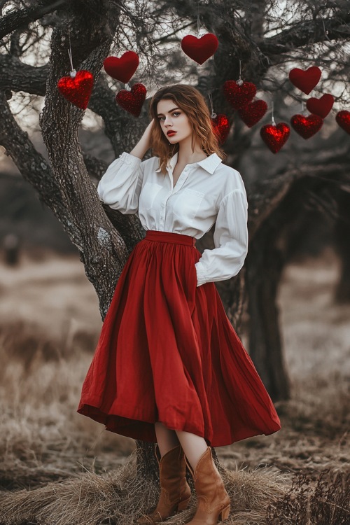 A woman in a white button-up blouse tucked into a red flared midi skirt, paired with brown cowboy boots