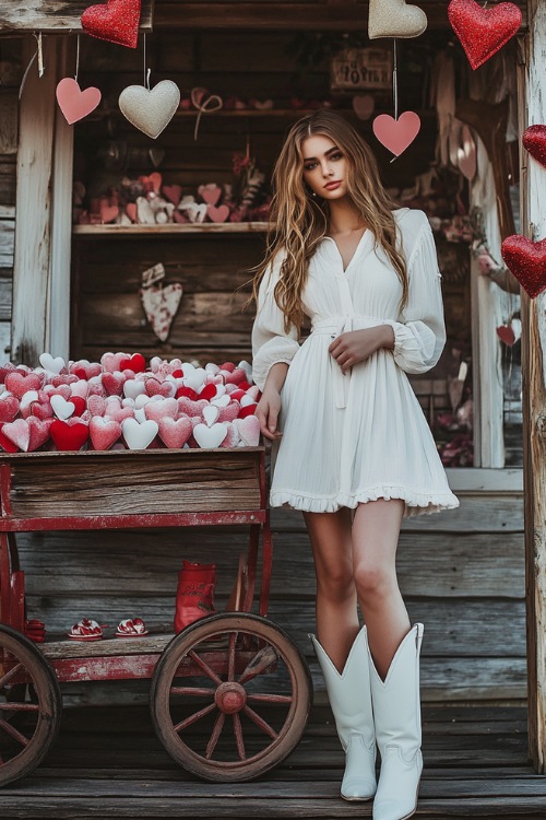 A woman in a white button-up dress with a cinched waist and white cowboy boots