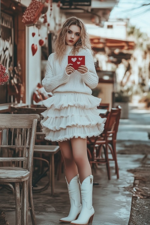 A woman in a white ruffled skirt with a red heart pattern, paired with a white sweater and white cowboy boots