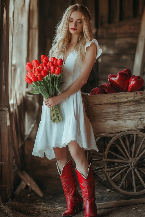 A woman in a white sleeveless A-line dress and red cowboy boots