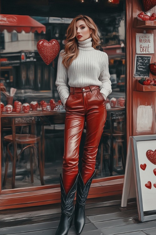 A woman in a white turtleneck sweater tucked into red leather pants with black cowboy boots