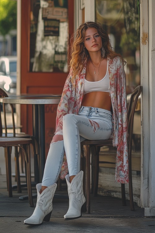 A woman in ankle-length distressed jeans, a fitted tank top, a lightweight floral kimono, and white cowboy boots