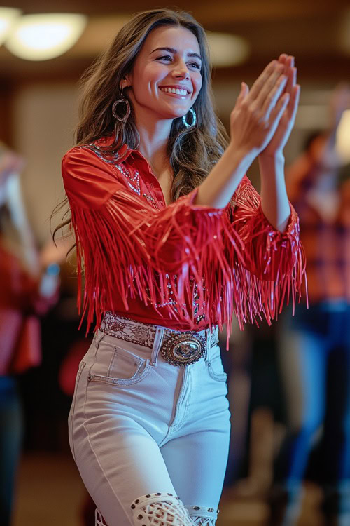 A woman in high-waisted flared jeans, a red fringed top, and white cowboy boots