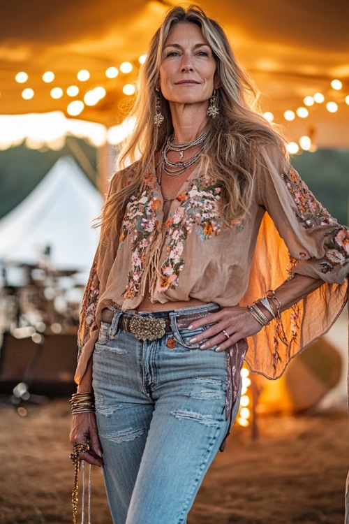 A woman over 40 in a boho blouse with floral embroidery, distressed skinny jeans, and heeled western boots, accessorized with layered bracelets