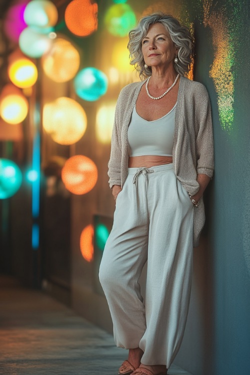 A woman over 40 in a lightweight cardigan layered over a fitted tank top, paired with high-waisted wide-leg trousers and flat sandals