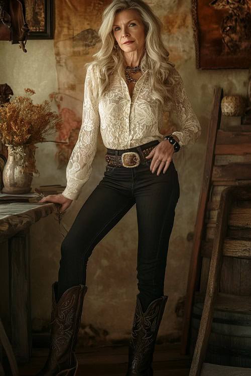 A woman over 40 in a lightweight lace blouse, dark skinny jeans, and tall western boots, accessorized with a bold leather belt, standing near a warmly lit rustic stage