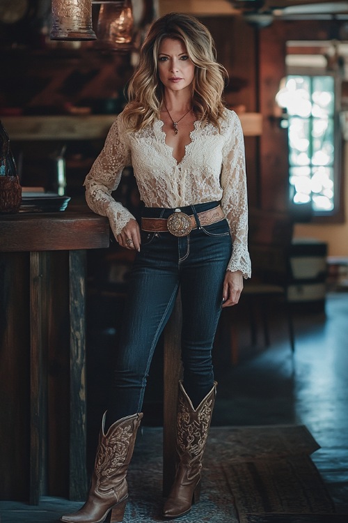 A woman over 40 in a lightweight lace blouse, dark skinny jeans, and tall western boots, accessorized with a bold leather belt