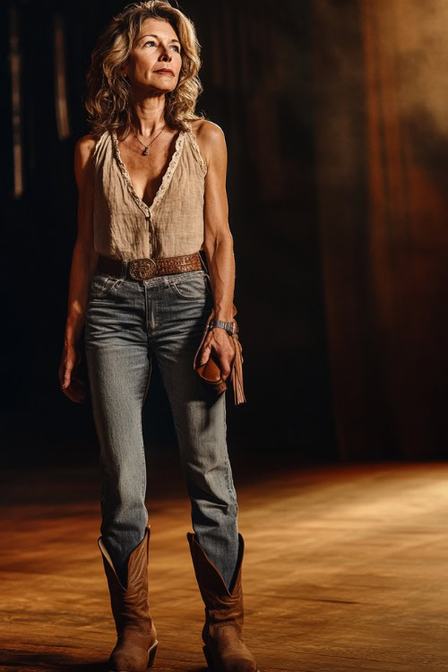 A woman over 40 in a sleeveless linen blouse tucked into high-waisted bootcut jeans, paired with brown cowboy boots and a small leather handbag 