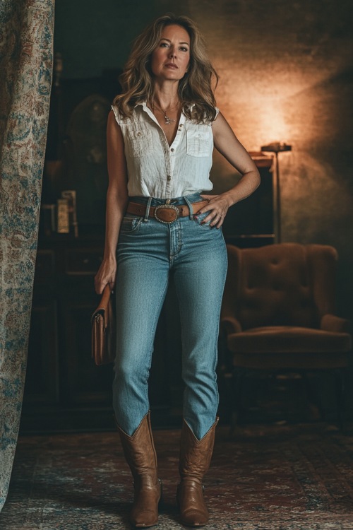 A woman over 40 in a sleeveless linen blouse tucked into high-waisted bootcut jeans, paired with brown cowboy boots and a small leather handbag