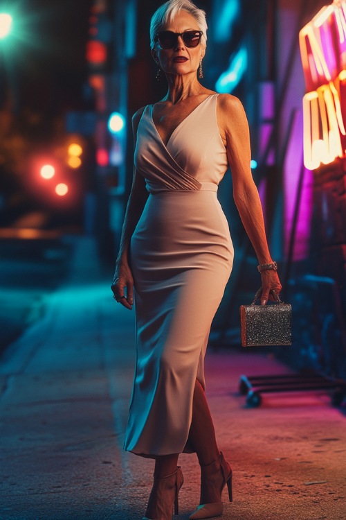 A woman over 40 in a sleeveless ruched midi dress, strappy block heels, and a metallic clutch, accessorized with bold earrings, standing near a glowing concert setup