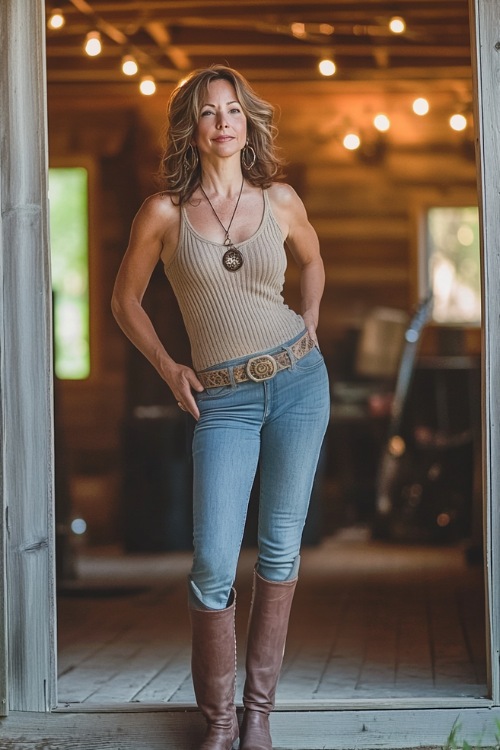 A woman over 40 wearing a ribbed knit tank top, bootcut jeans, and ankle boots, accessorized with a wide leather belt and a scarf