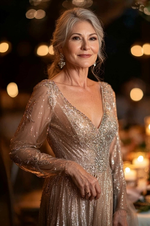 A woman over 50 in a metallic champagne-colored maxi dress with long sheer sleeves, a sweetheart neckline (2)