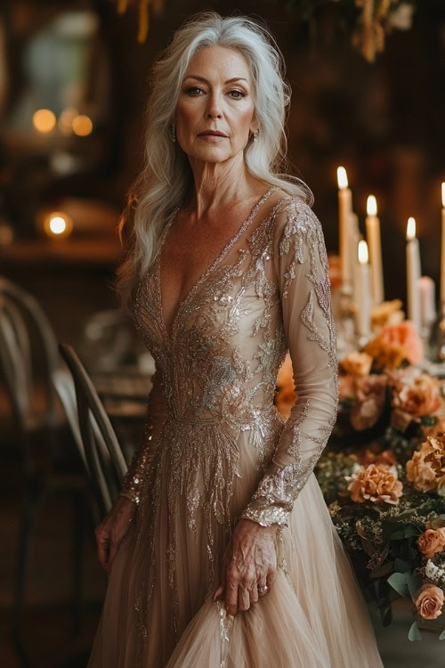 A woman over 50 in a metallic champagne-colored maxi dress with long sheer sleeves, a sweetheart neckline