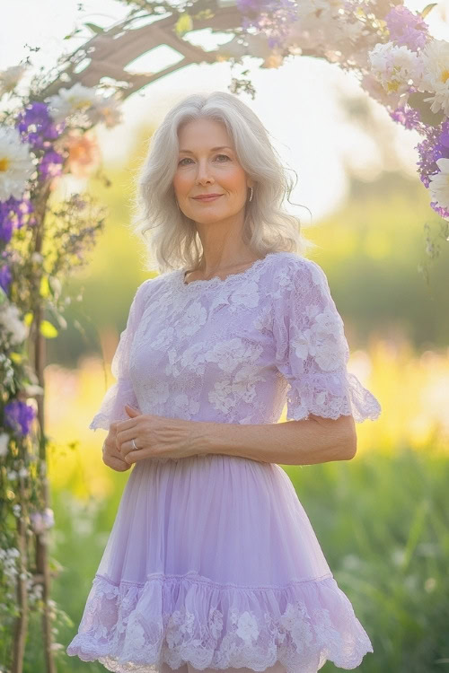 A woman over 50 in a pastel lavender short A-line dress with flutter sleeves, floral lace accents, and a tiered hemline