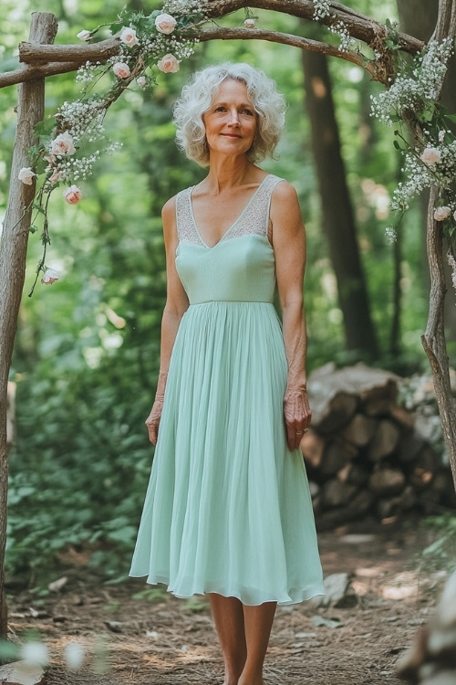 A woman over 50 in a pastel mint green sleeveless midi dress with a pleated hemline, a square neckline, and lace accents (2)