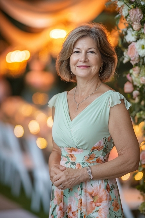 A woman over 50 in a pastel mint green sleeveless short dress with floral prints, a ruched waist, and a flared skirt