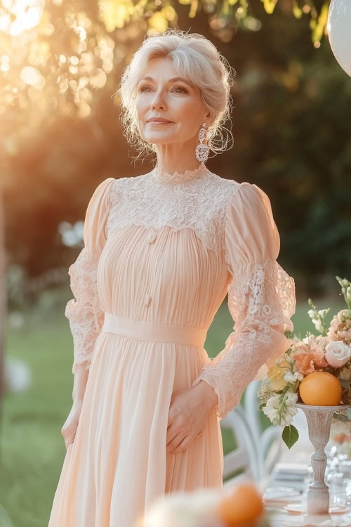 A woman over 50 in a pastel peach A-line tea-length dress with puff sleeves, a gathered waist