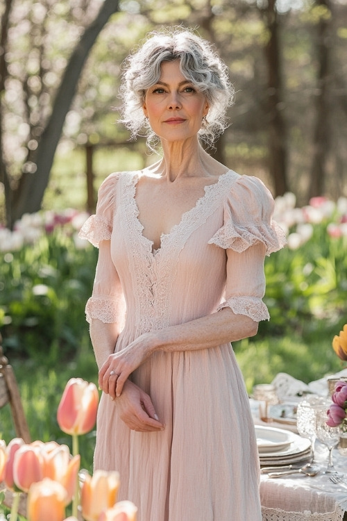 A woman over 50 in a soft blush pink empire-waist dress with short puff sleeves, floral lace accents, and a gathered bodice