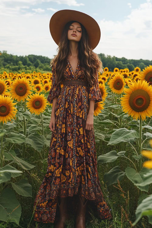 A woman styled in a boho maxi dress with bold patterns, a wide-brimmed hat, and suede cowboy boots