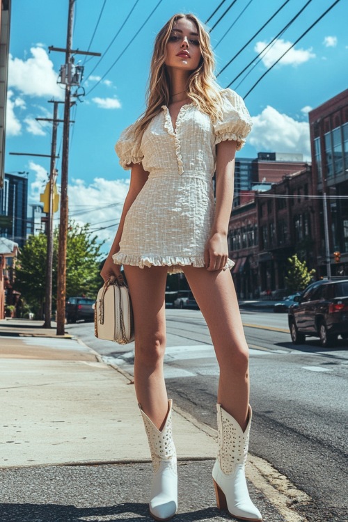 A woman styled in a linen mini dress with puff sleeves, white cowboy boots, and a matching clutch