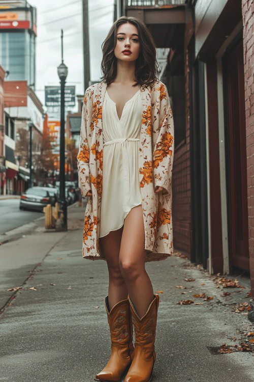 A woman styled in a long-line floral cardigan over a cream dress, accessorized with tan cowboy boots, posing near a Nashville landmark