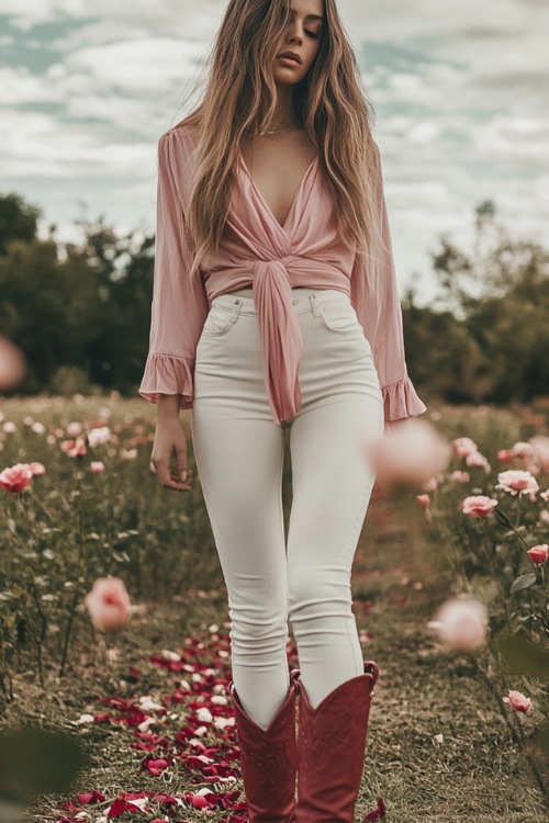 A woman wearing a blush pink wrap blouse with white skinny jeans and red cowboy boots