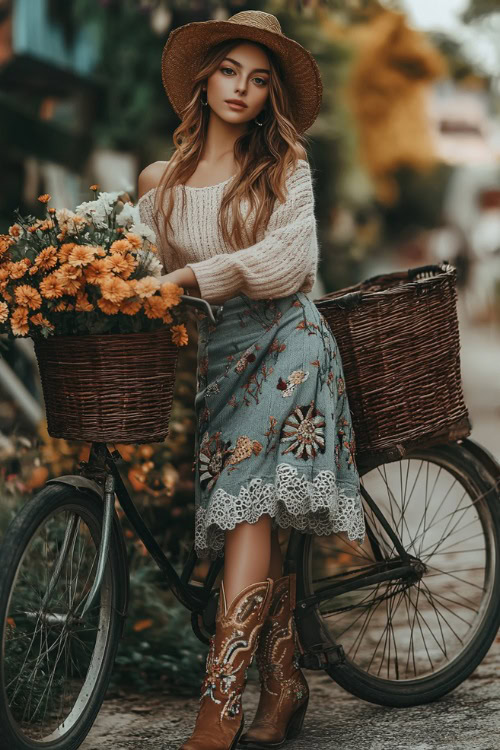 A woman wearing a boho-inspired maxi skirt, a cropped sweater, and embroidered cowboy boots, posing near a vintage bicycle with a basket of flowers